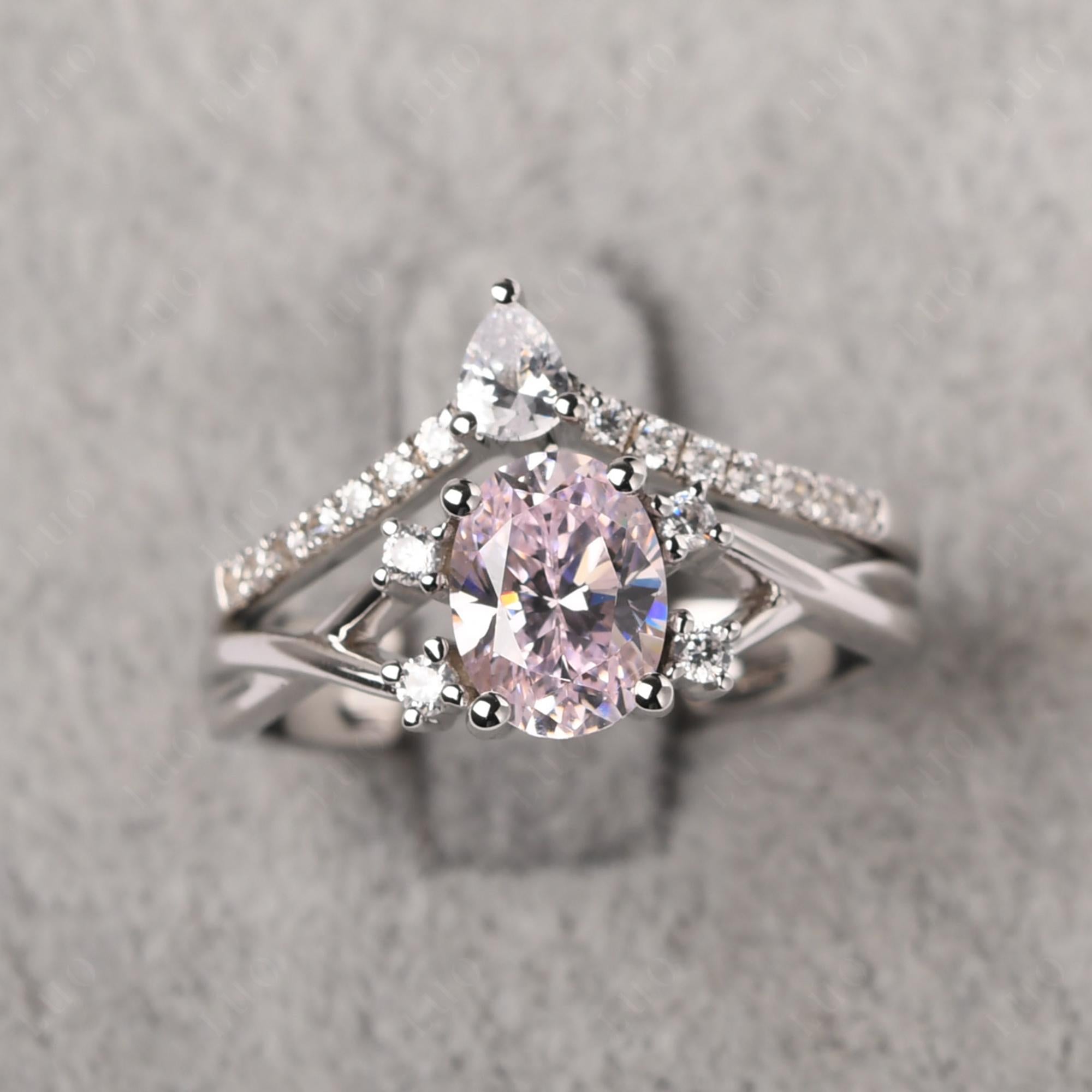 Pink Cubic Zirconia Oval Engagement Ring with Wedding Band - LUO Jewelry 