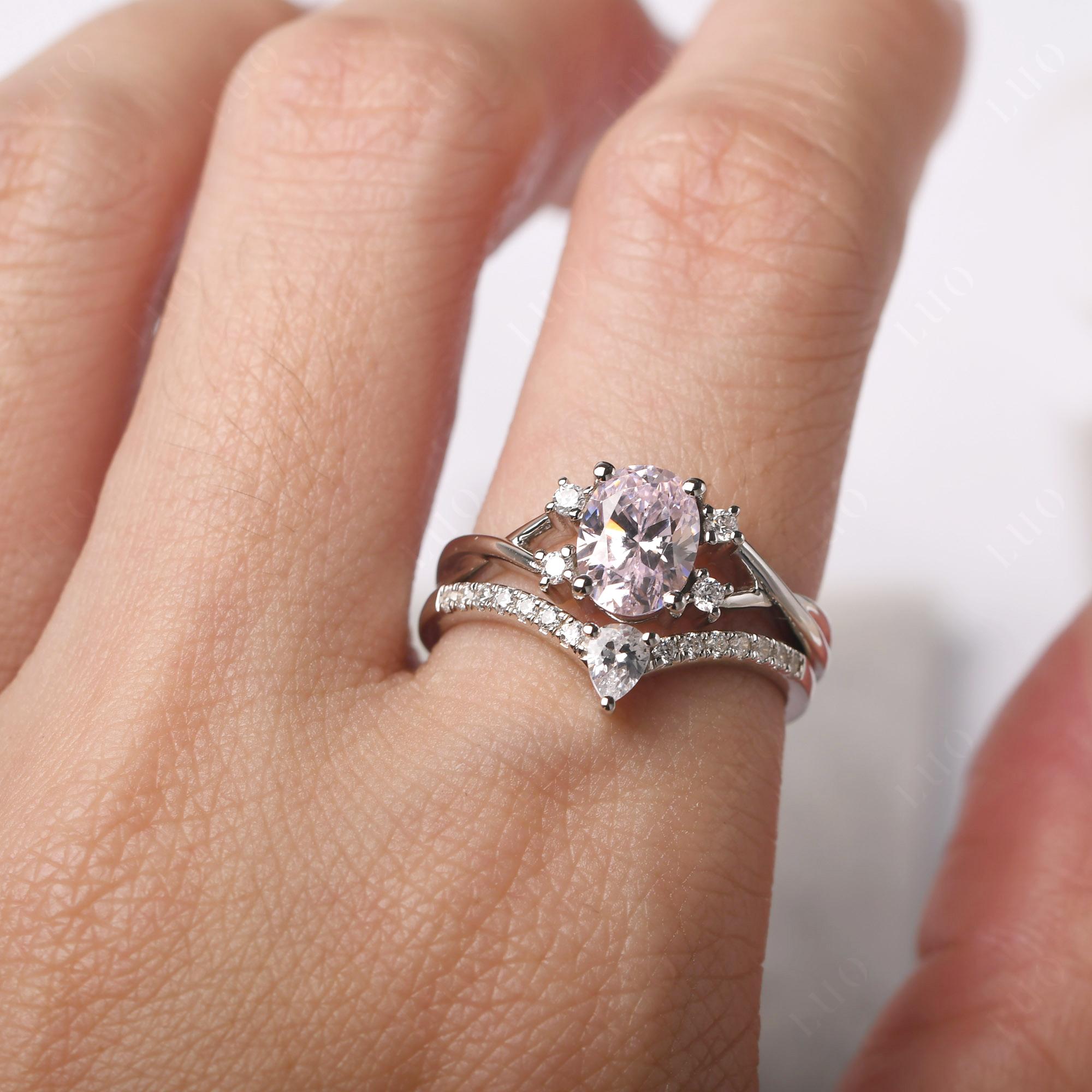 Pink Cubic Zirconia Oval Engagement Ring with Wedding Band - LUO Jewelry 