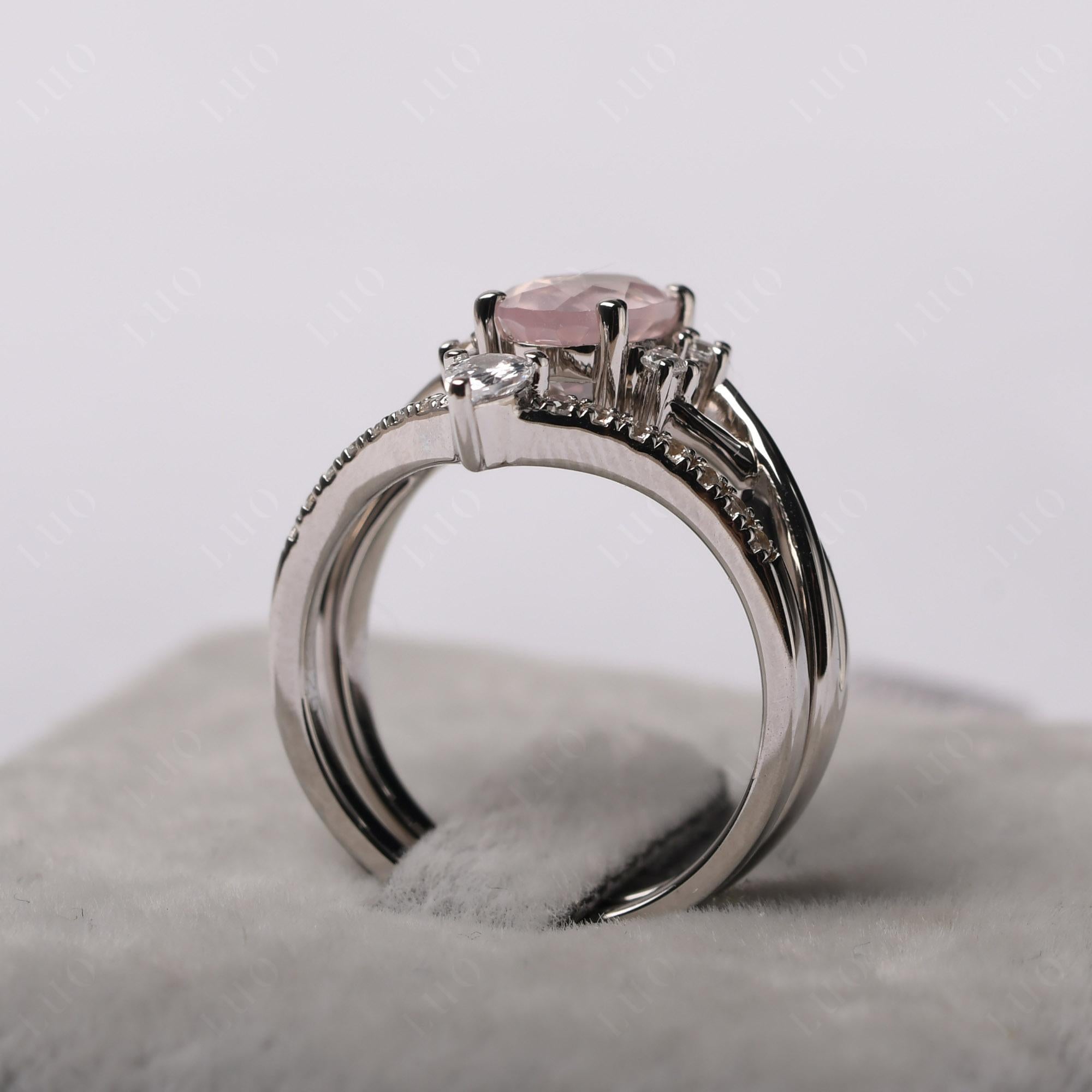 Rose Quartz Oval Engagement Ring with Wedding Band - LUO Jewelry 