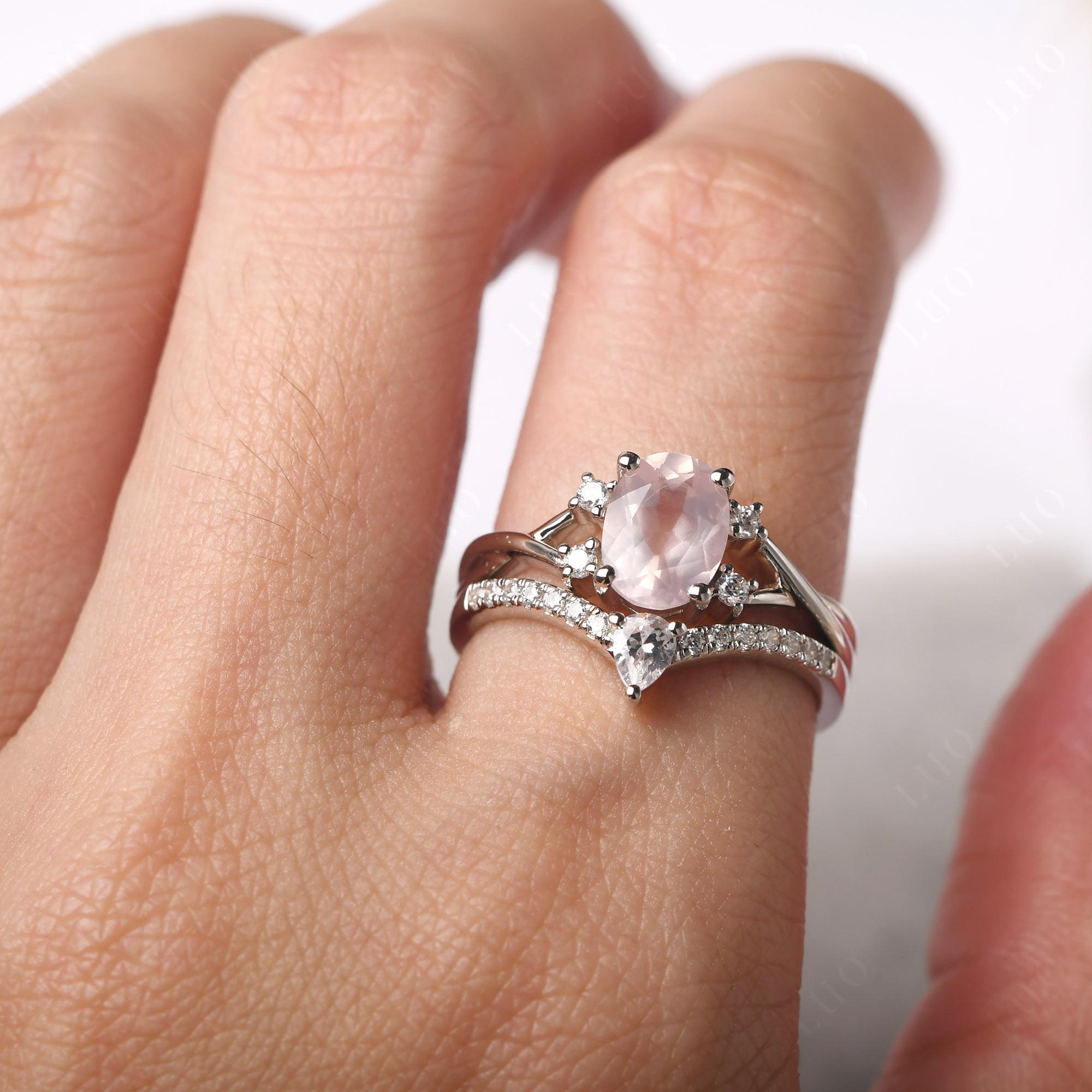 Rose Quartz Oval Engagement Ring with Wedding Band - LUO Jewelry 