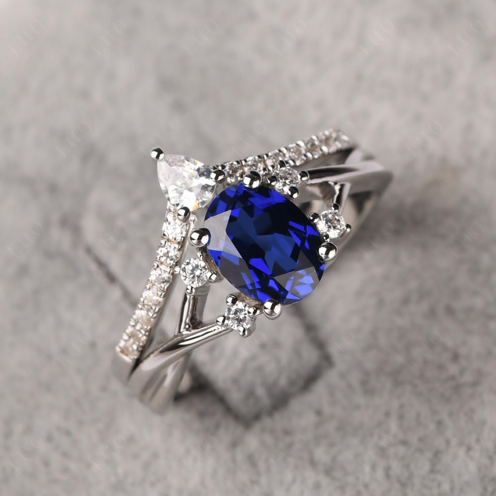 Sapphire Oval Engagement Ring with Wedding Band - LUO Jewelry 