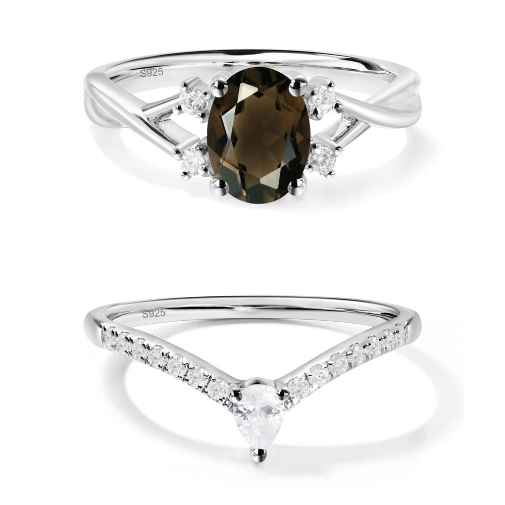 Oval Smoky Quartz Wedding Ring Set - LUO Jewelry #metal_xxxxx