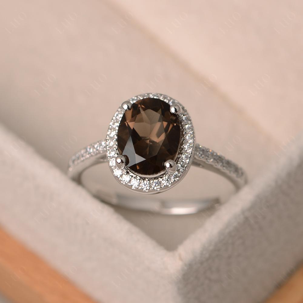 Oval Smoky Quartz and Cubic Zirconia Halo Ring - LUO Jewelry 