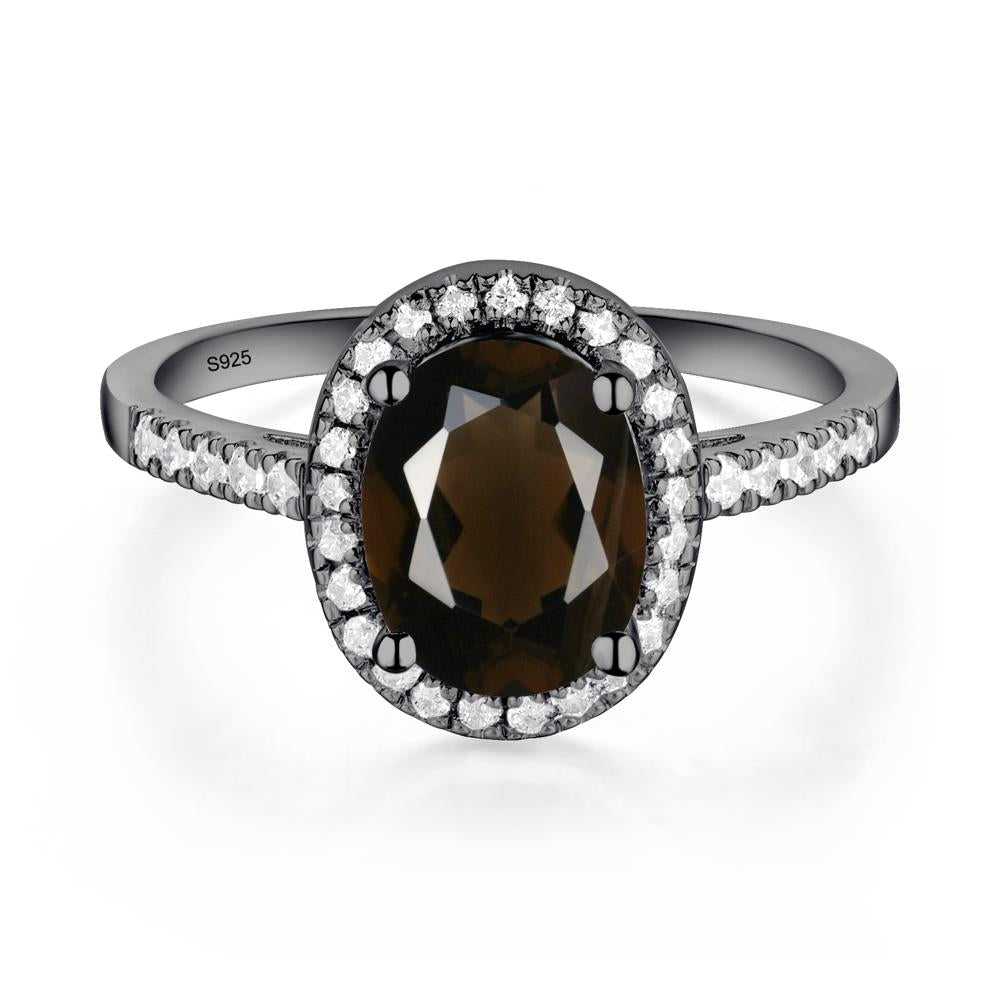 Oval Smoky Quartz and Cubic Zirconia Halo Ring - LUO Jewelry #metal_black finish sterling silver