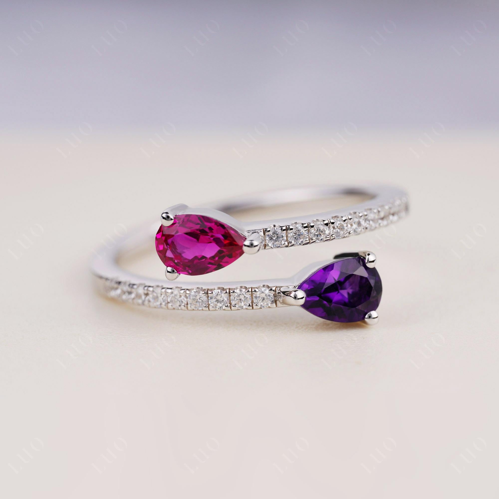 Two Stone Amethyst and Ruby Open Ring - LUO Jewelry 