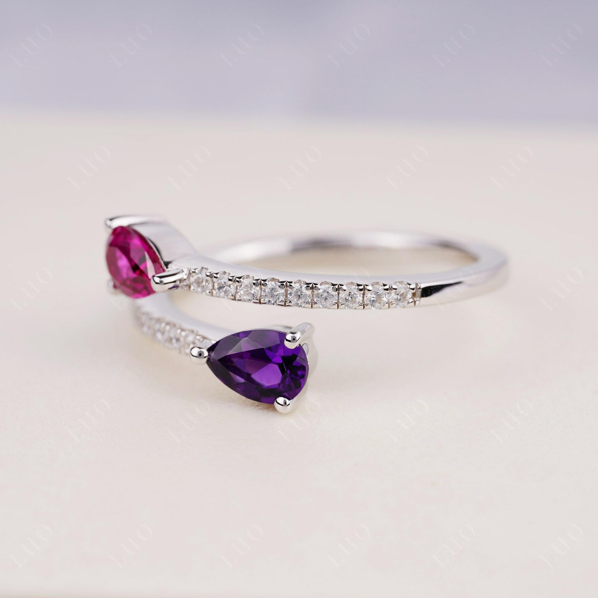 Two Stone Amethyst and Ruby Open Ring - LUO Jewelry 