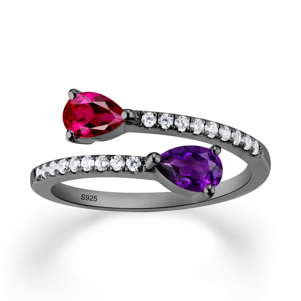 Two Stone Amethyst and Ruby Open Ring - LUO Jewelry #metal_black finish sterling silver