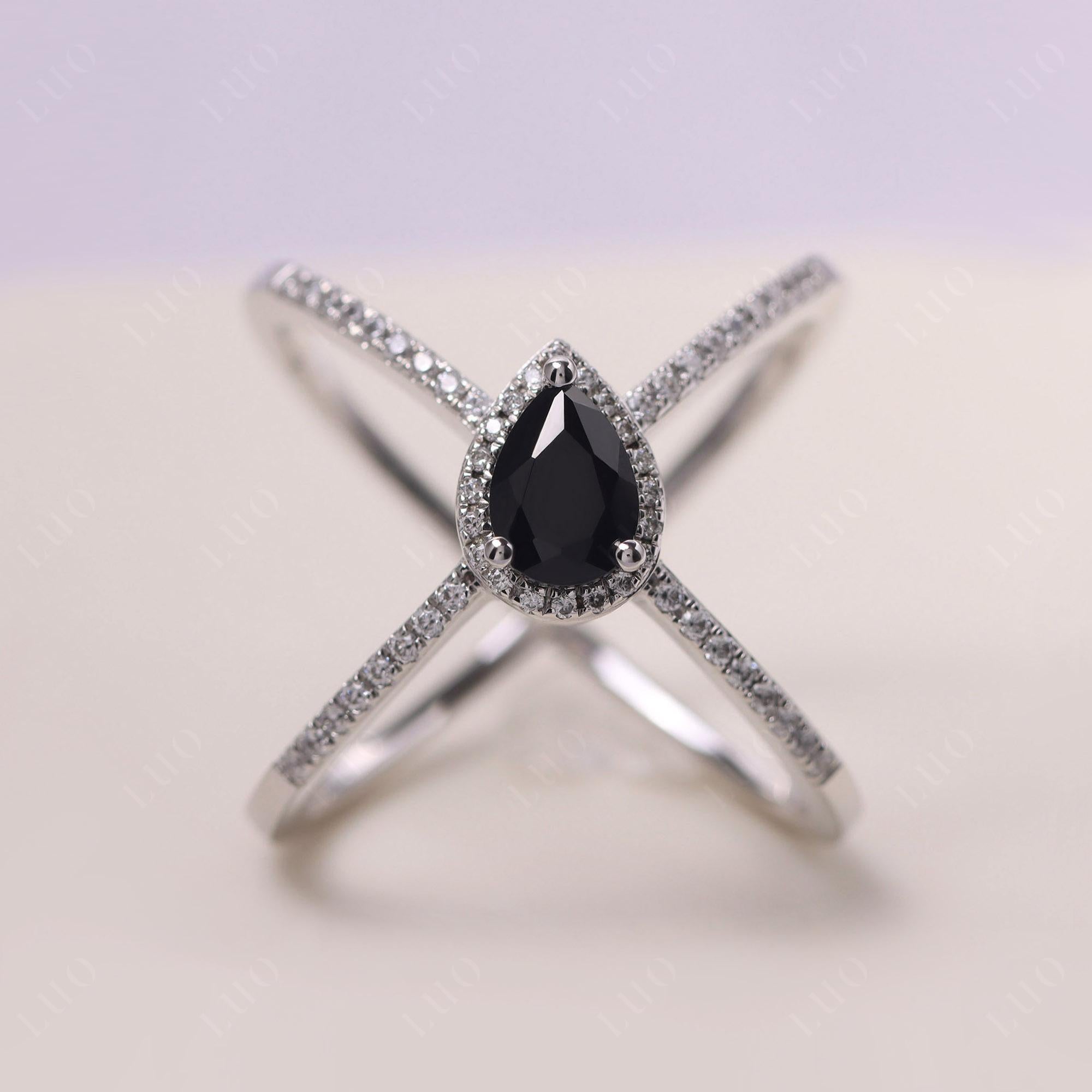 Pear Shaped Black Spinel Criss Cross Ring