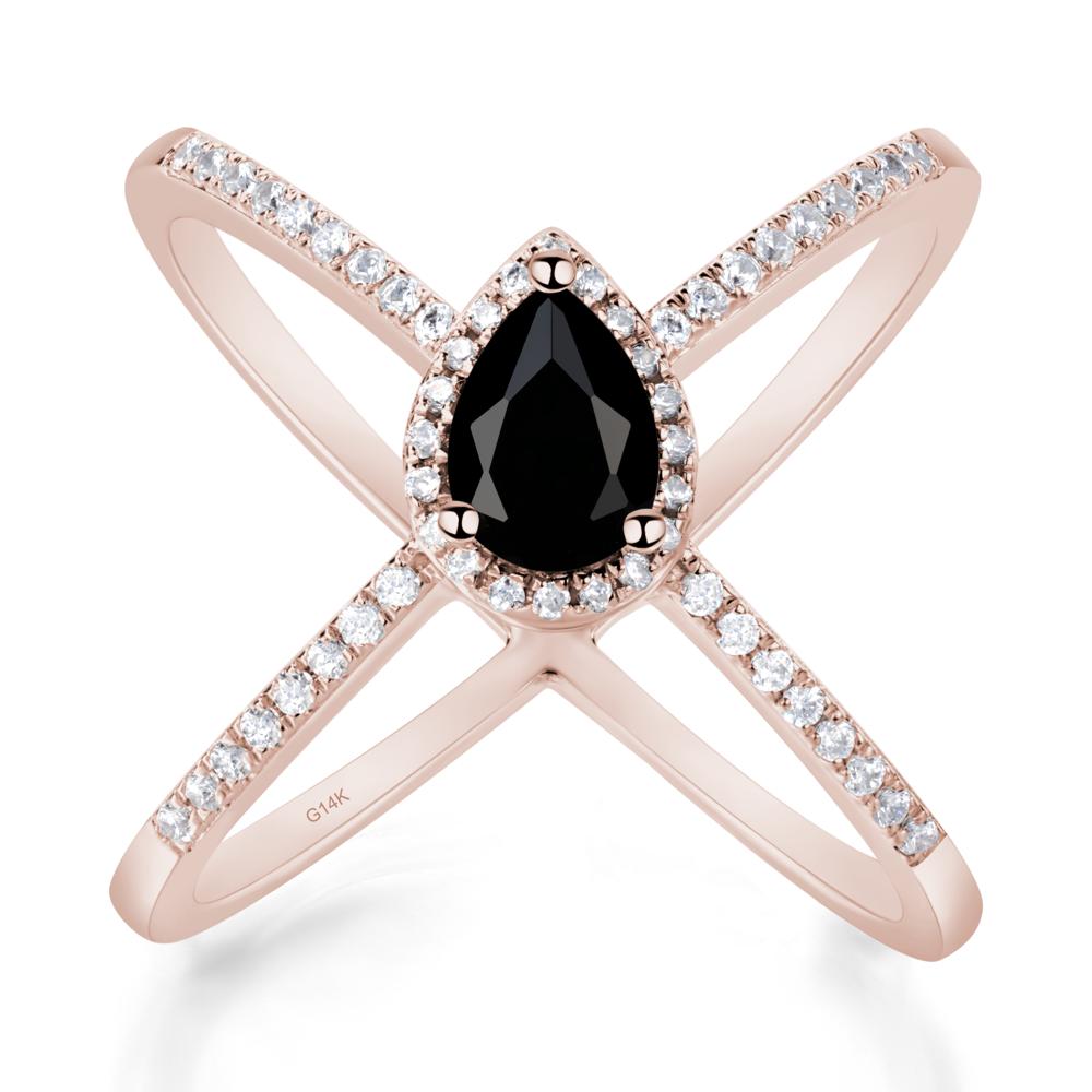 Pear Shaped Black Spinel Criss Cross Ring - LUO Jewelry #metal_14k rose gold