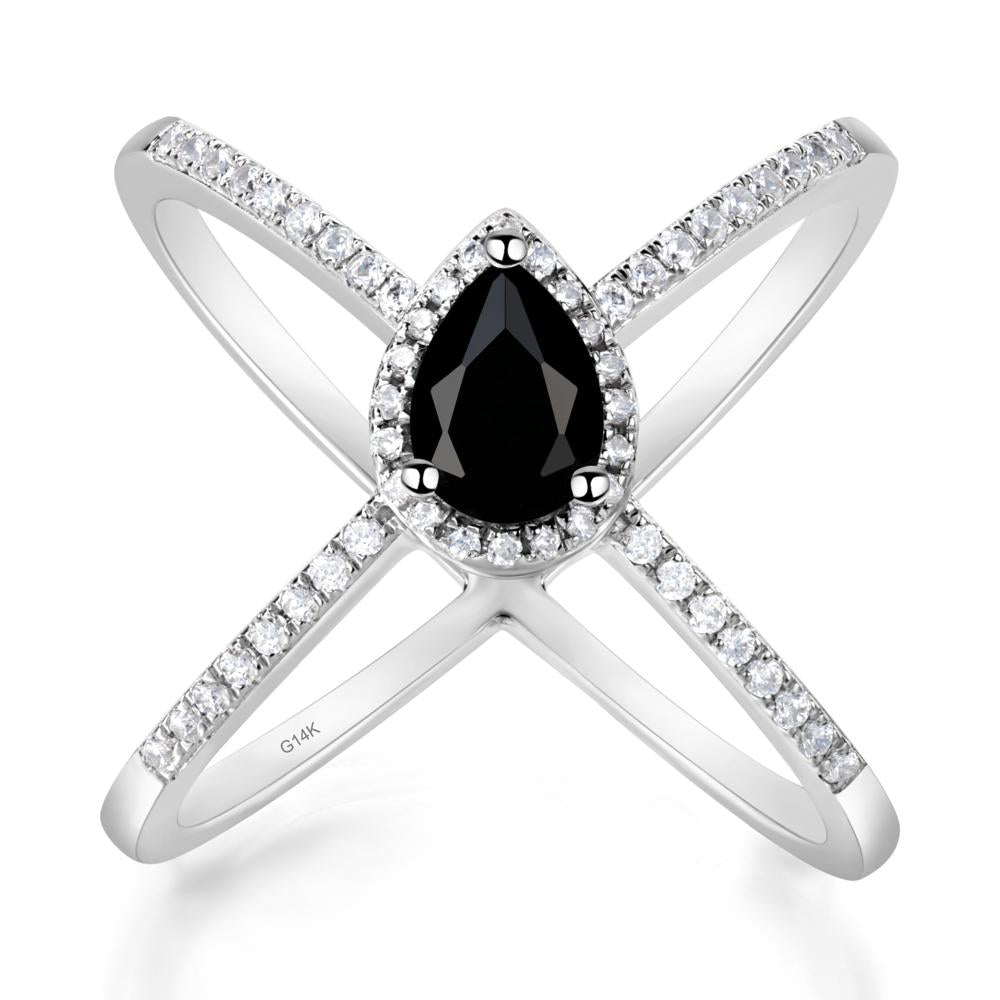 Pear Shaped Black Spinel Criss Cross Ring - LUO Jewelry #metal_14k white gold