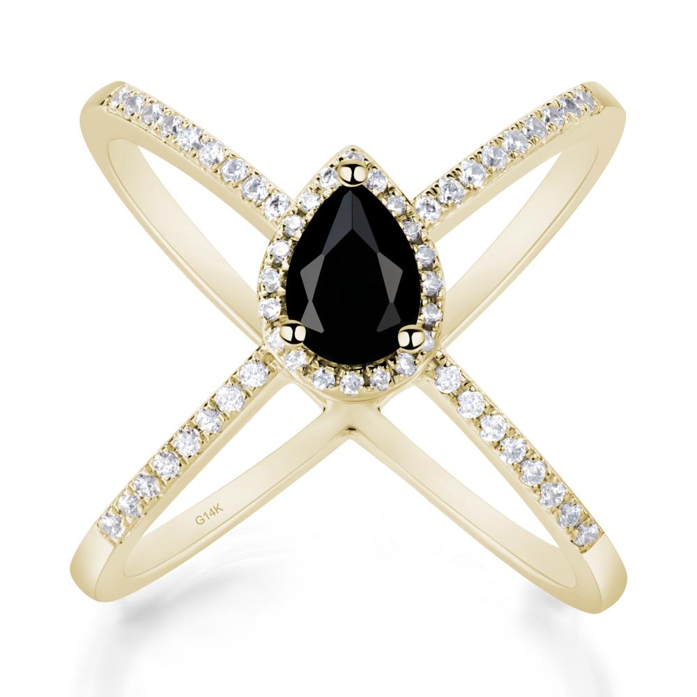 Pear Shaped Black Spinel Criss Cross Ring - LUO Jewelry #metal_14k yellow gold