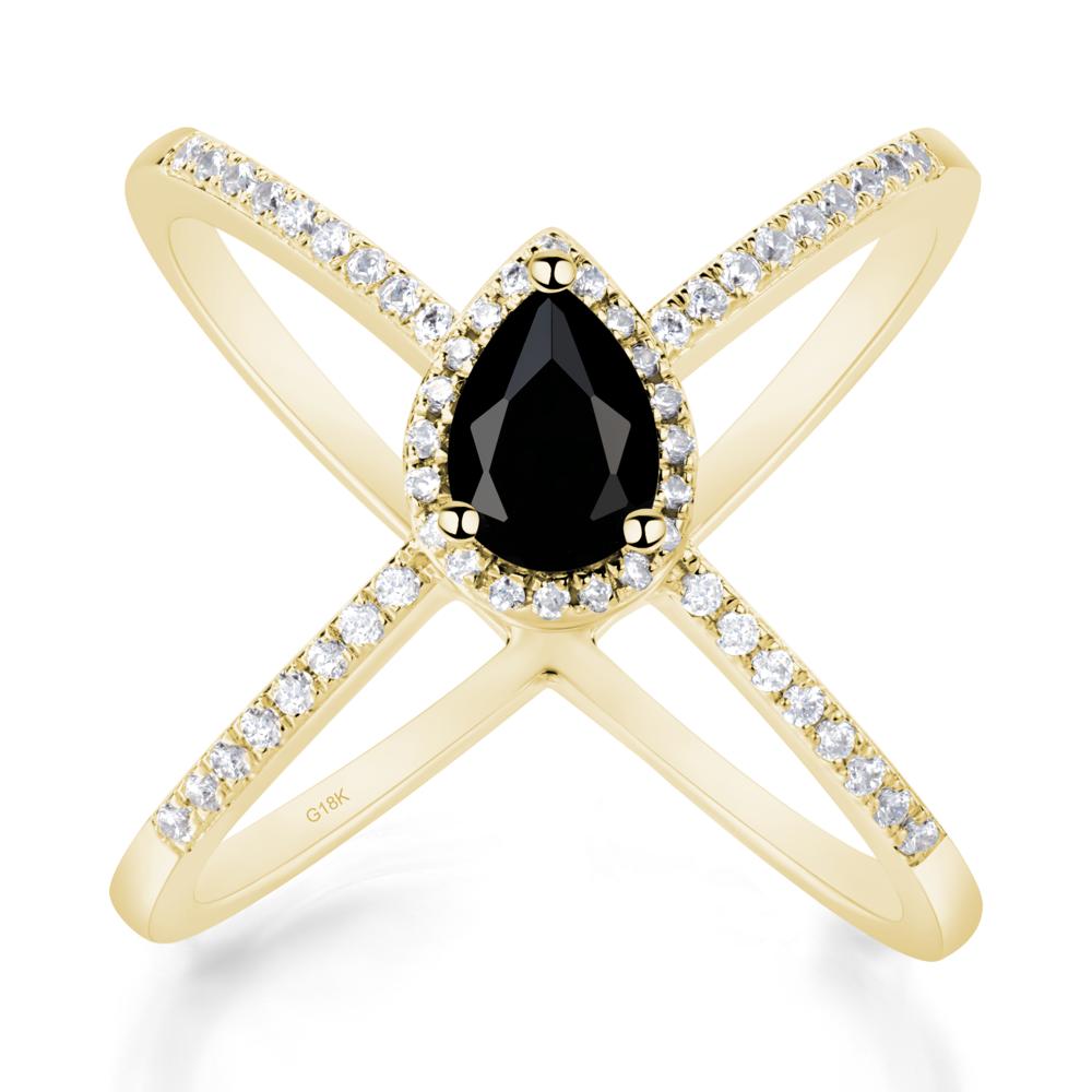 Pear Shaped Black Spinel Criss Cross Ring - LUO Jewelry #metal_18k yellow gold