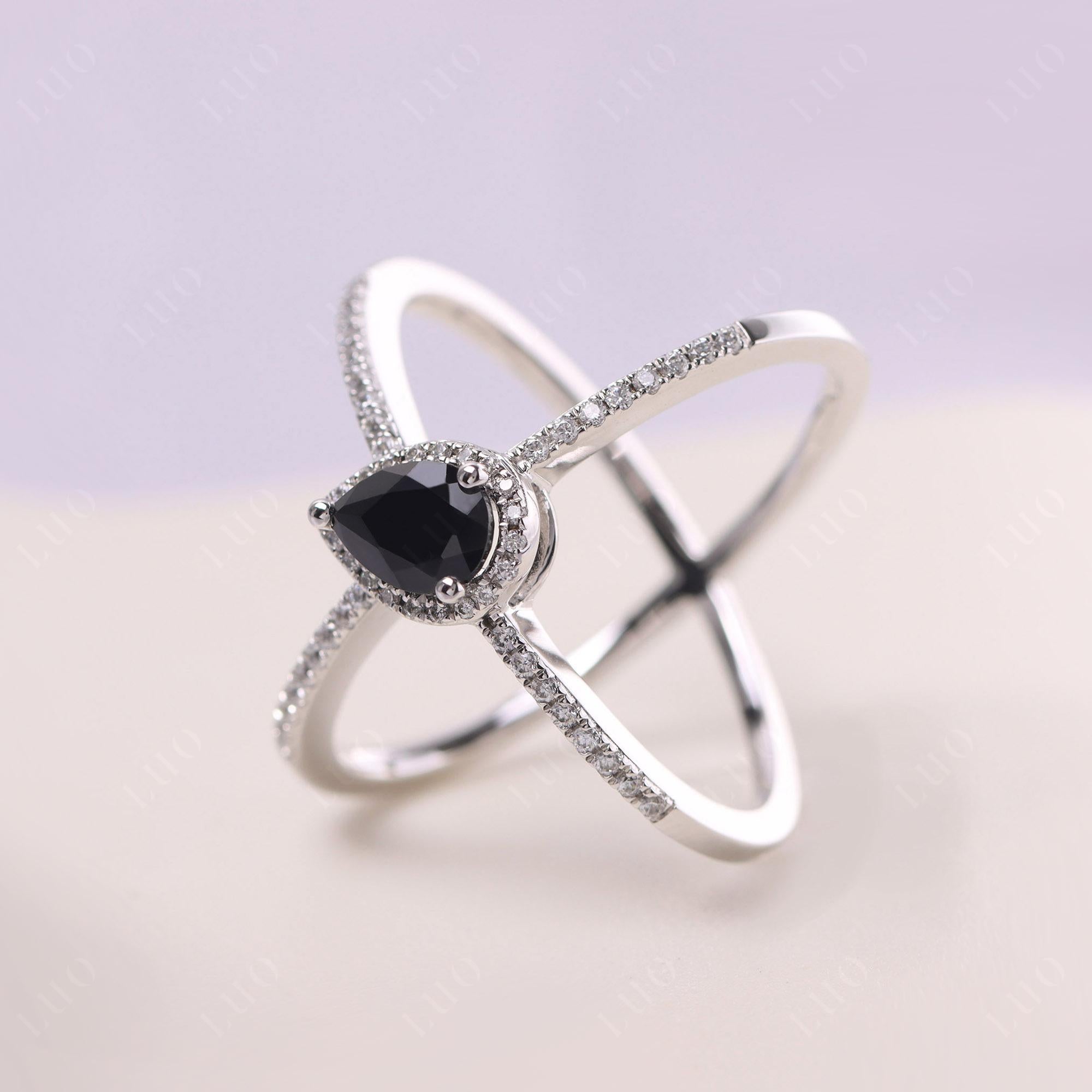 Pear Shaped Black Spinel Criss Cross Ring