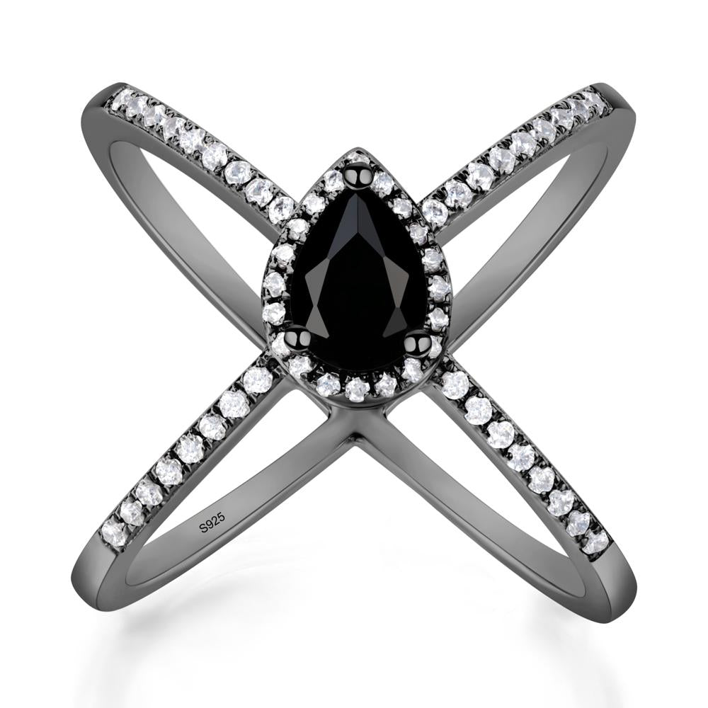 Pear Shaped Black Spinel Criss Cross Ring - LUO Jewelry #metal_black finish sterling silver