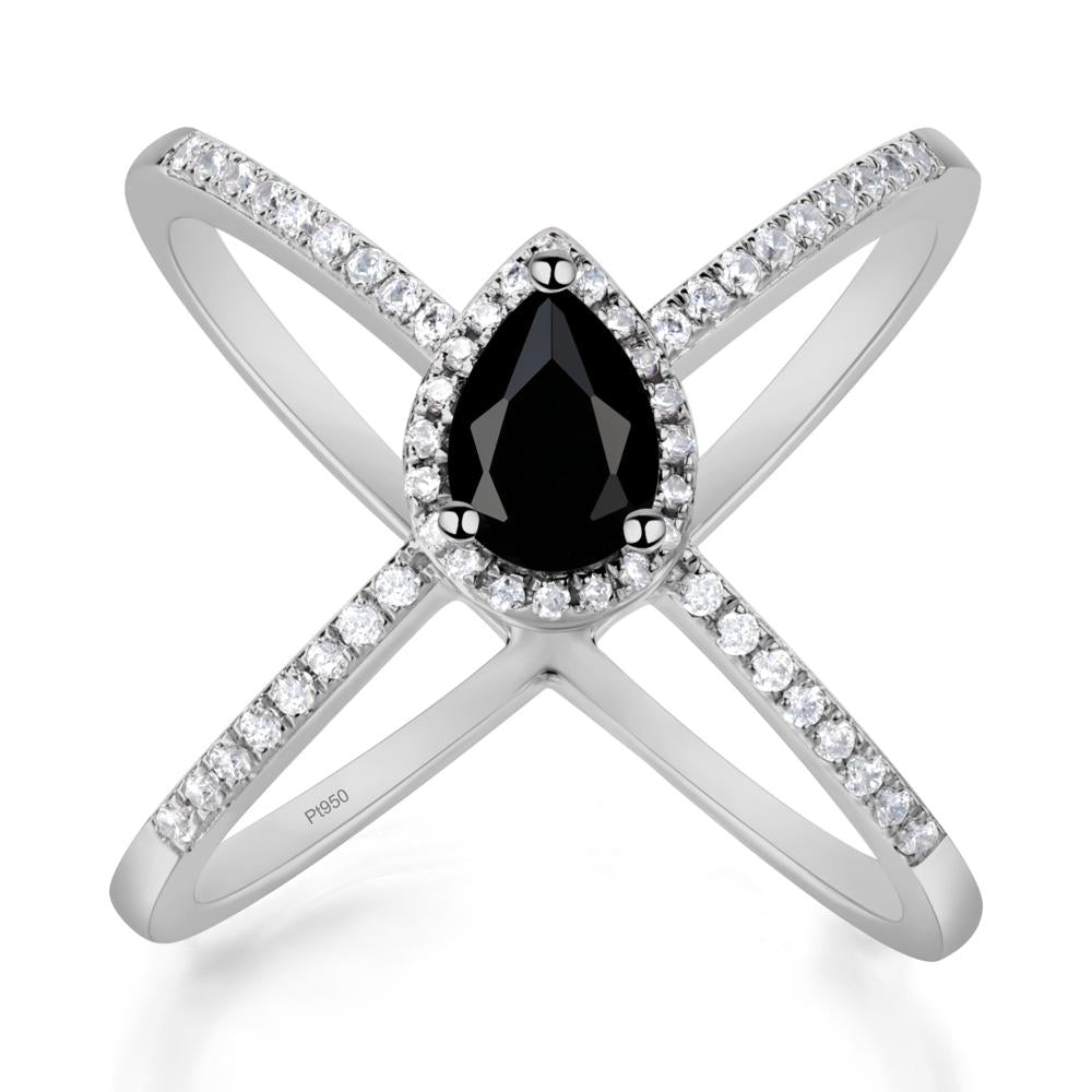 Pear Shaped Black Spinel Criss Cross Ring - LUO Jewelry #metal_platinum