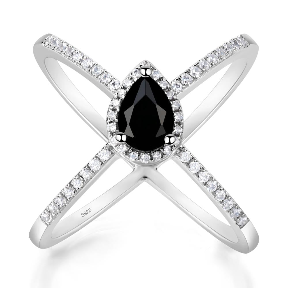 Pear Shaped Black Spinel Criss Cross Ring - LUO Jewelry #metal_sterling silver