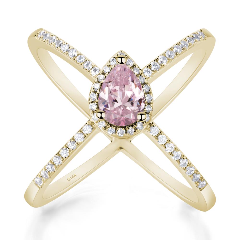 Pear Shaped Pink Cubic Zirconia Criss Cross Ring - LUO Jewelry #metal_14k yellow gold