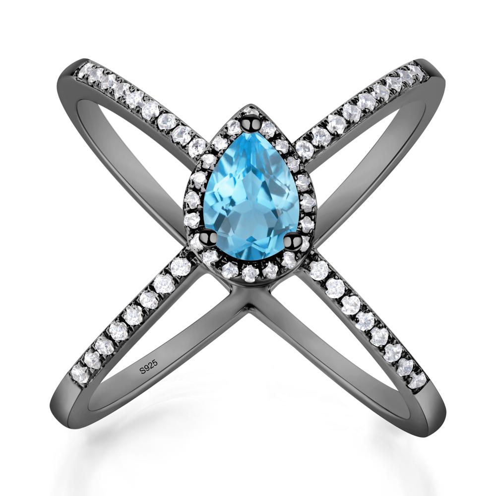 Pear Shaped Swiss Blue Topaz Criss Cross Ring - LUO Jewelry #metal_black finish sterling silver