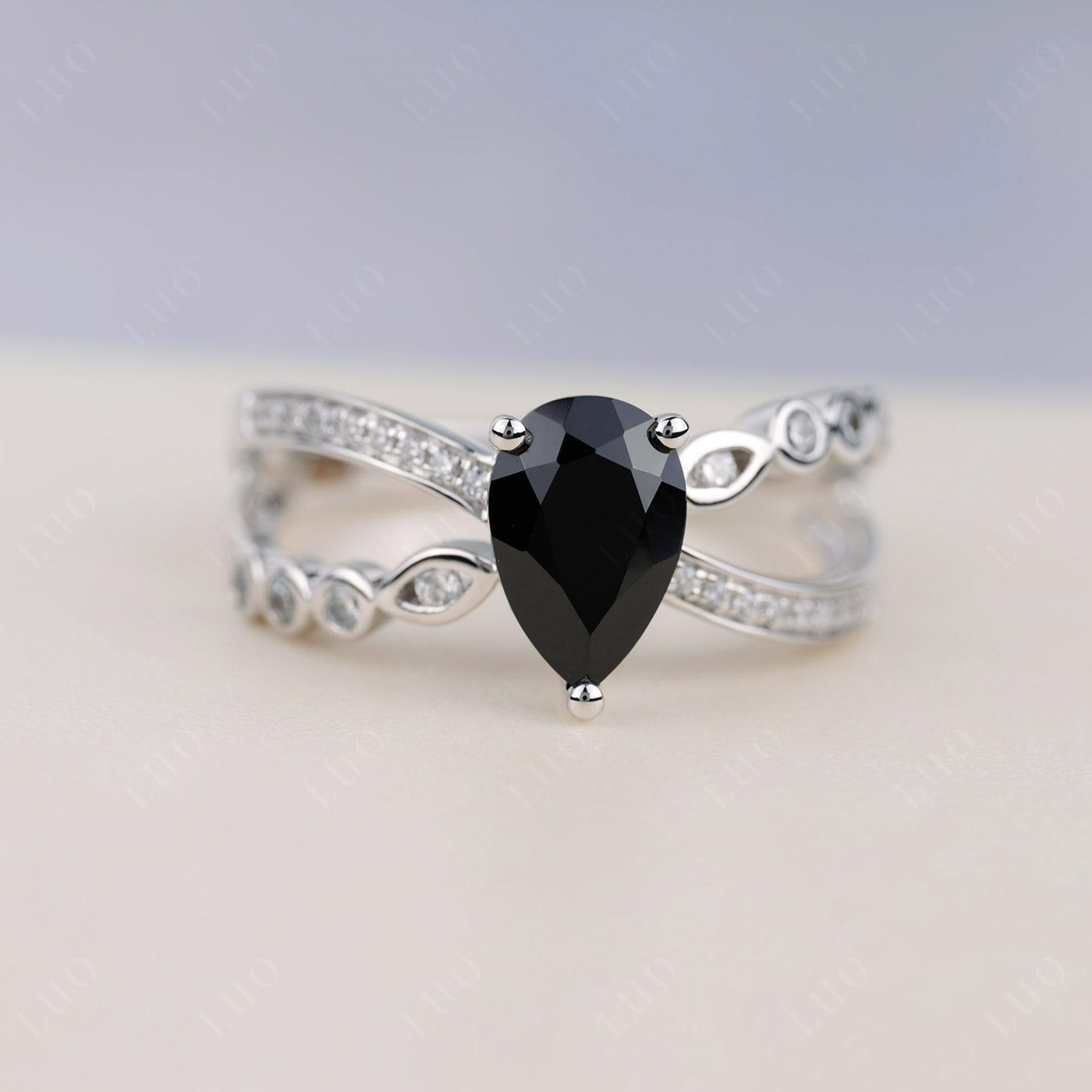 Pear Shaped Black Spinel Crossover Ring - LUO Jewelry 