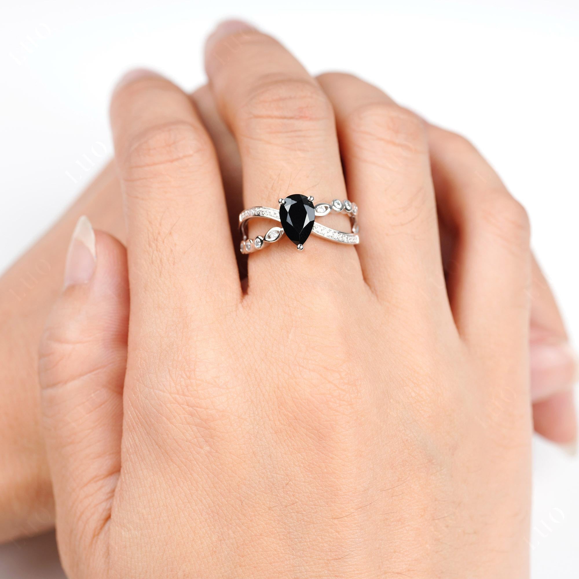 Pear Shaped Black Spinel Crossover Ring - LUO Jewelry 