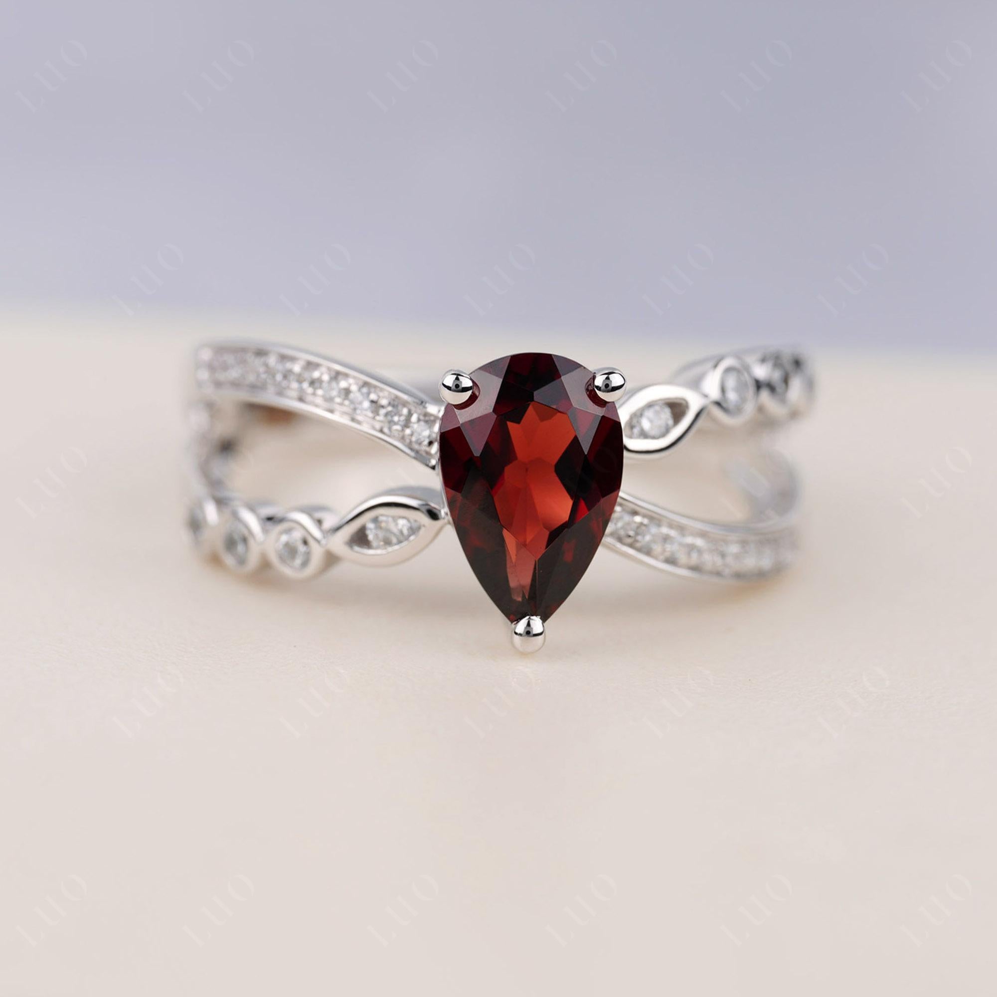 Pear Shaped Garnet Crossover Ring - LUO Jewelry 