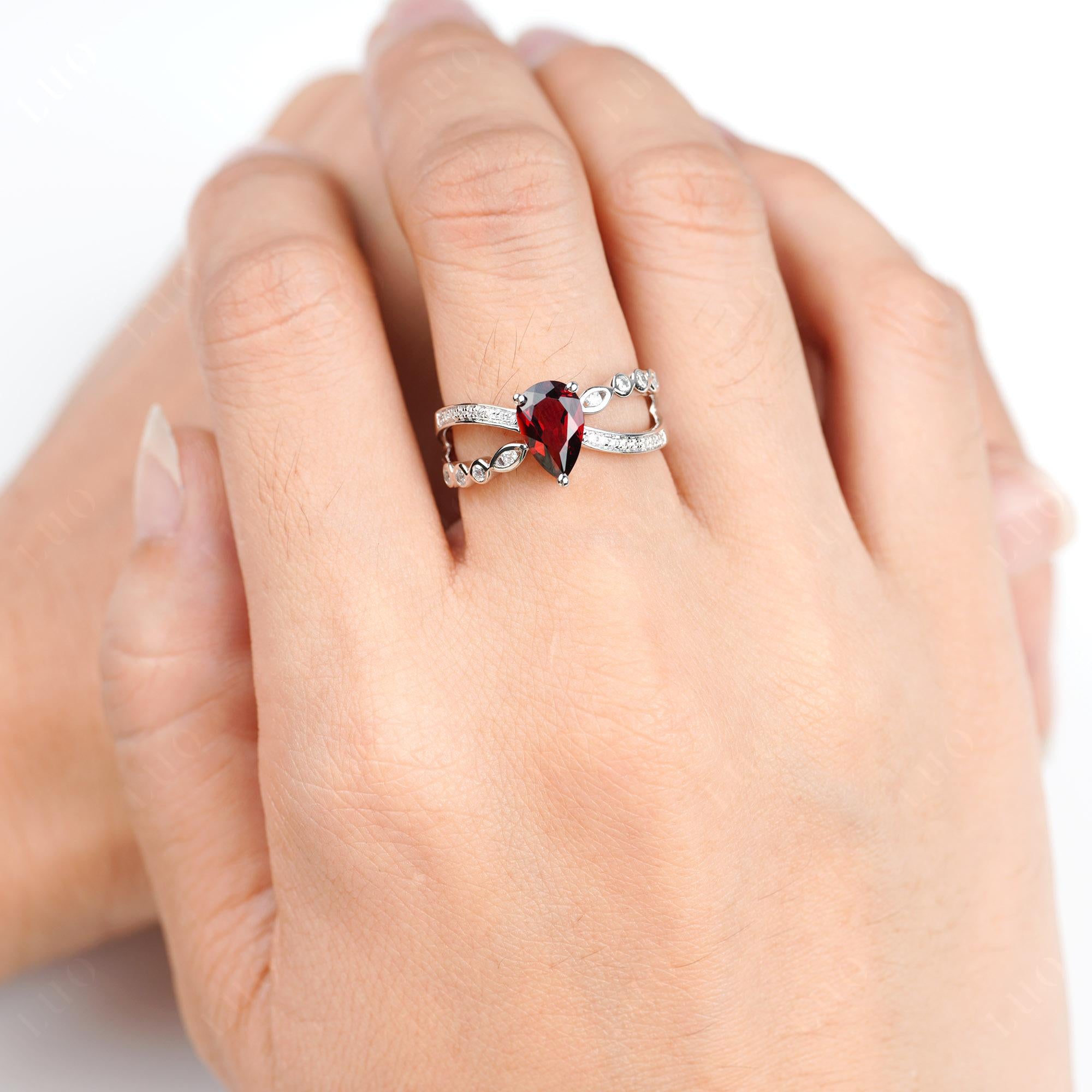 Pear Shaped Garnet Crossover Ring - LUO Jewelry 