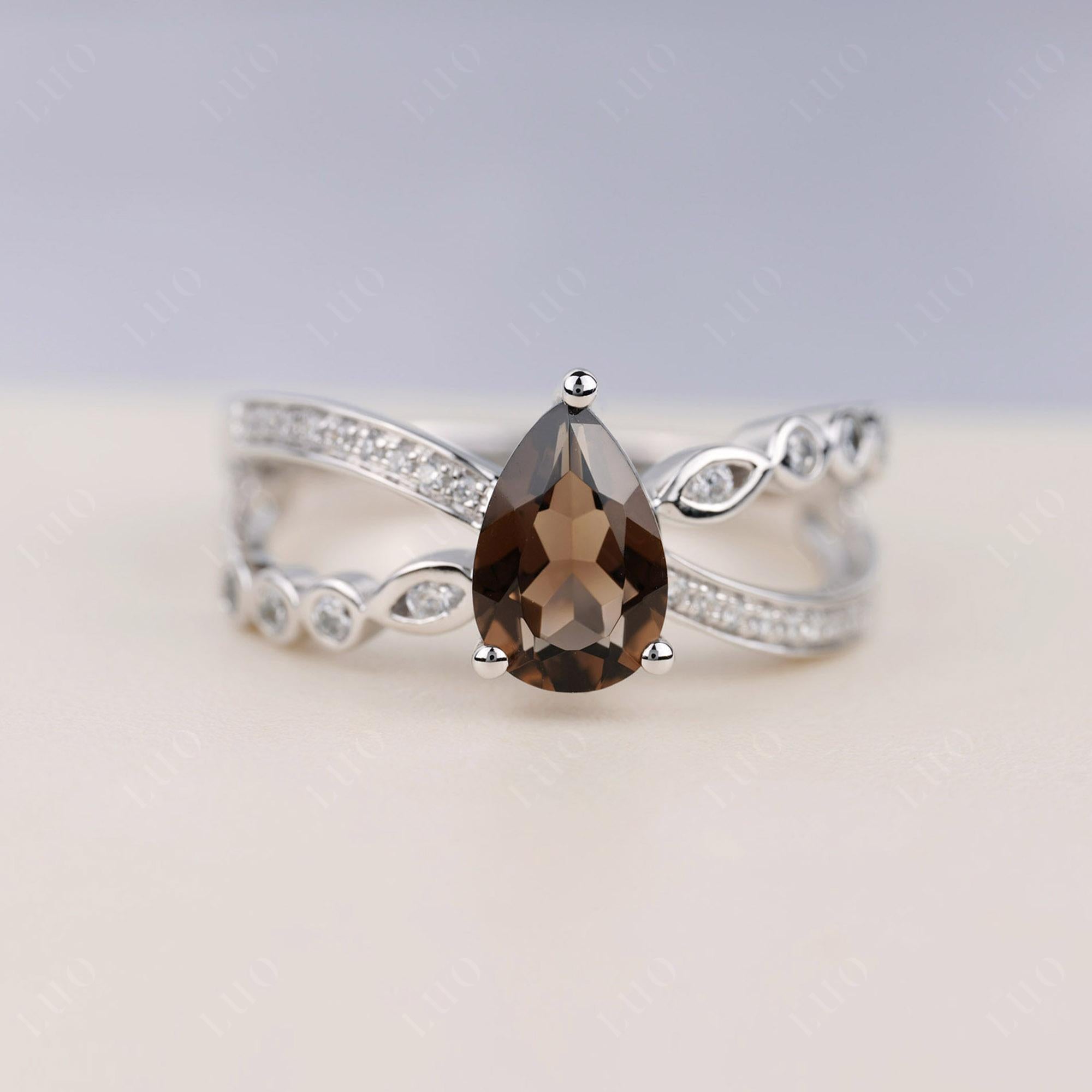 Pear Shaped Smoky Quartz Crossover Ring - LUO Jewelry 