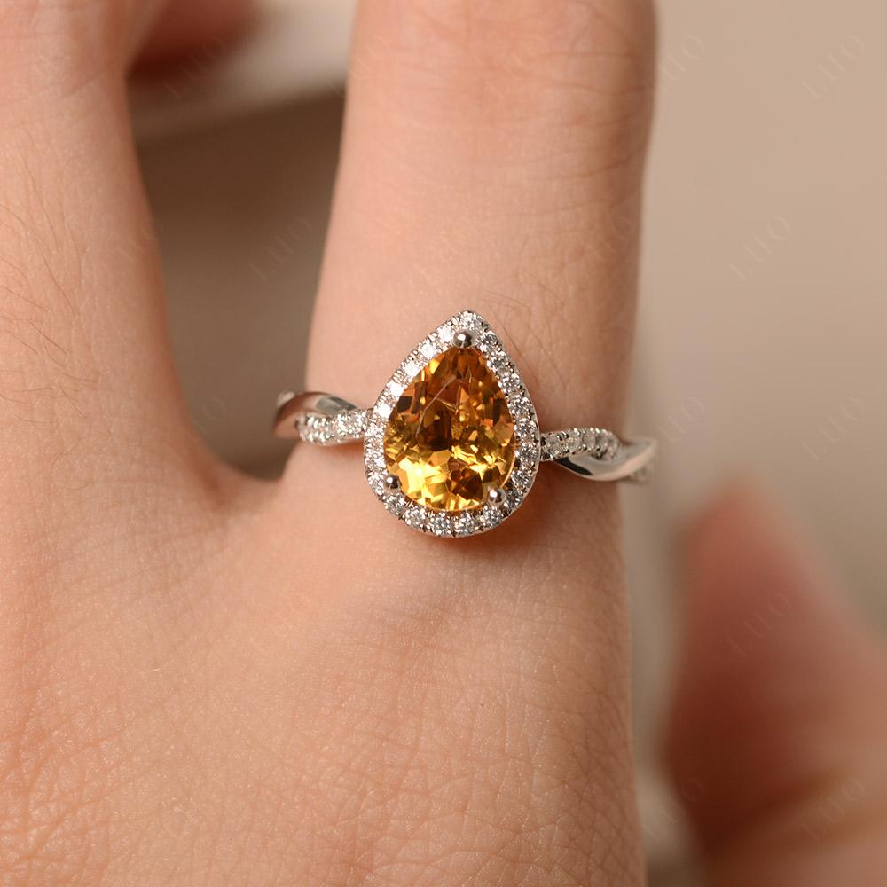 Pear Shaped Citrine Twisted Halo Ring - LUO Jewelry 