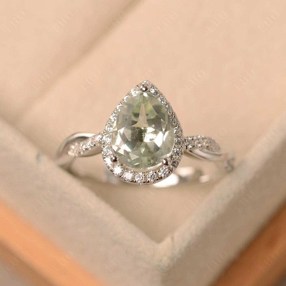 Pear Shaped Green Amethyst Twisted Halo Ring - LUO Jewelry 