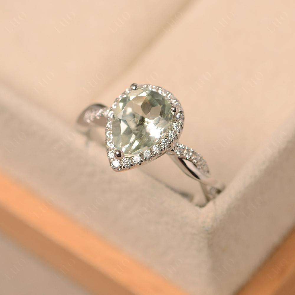 Pear Shaped Green Amethyst Twisted Halo Ring - LUO Jewelry 