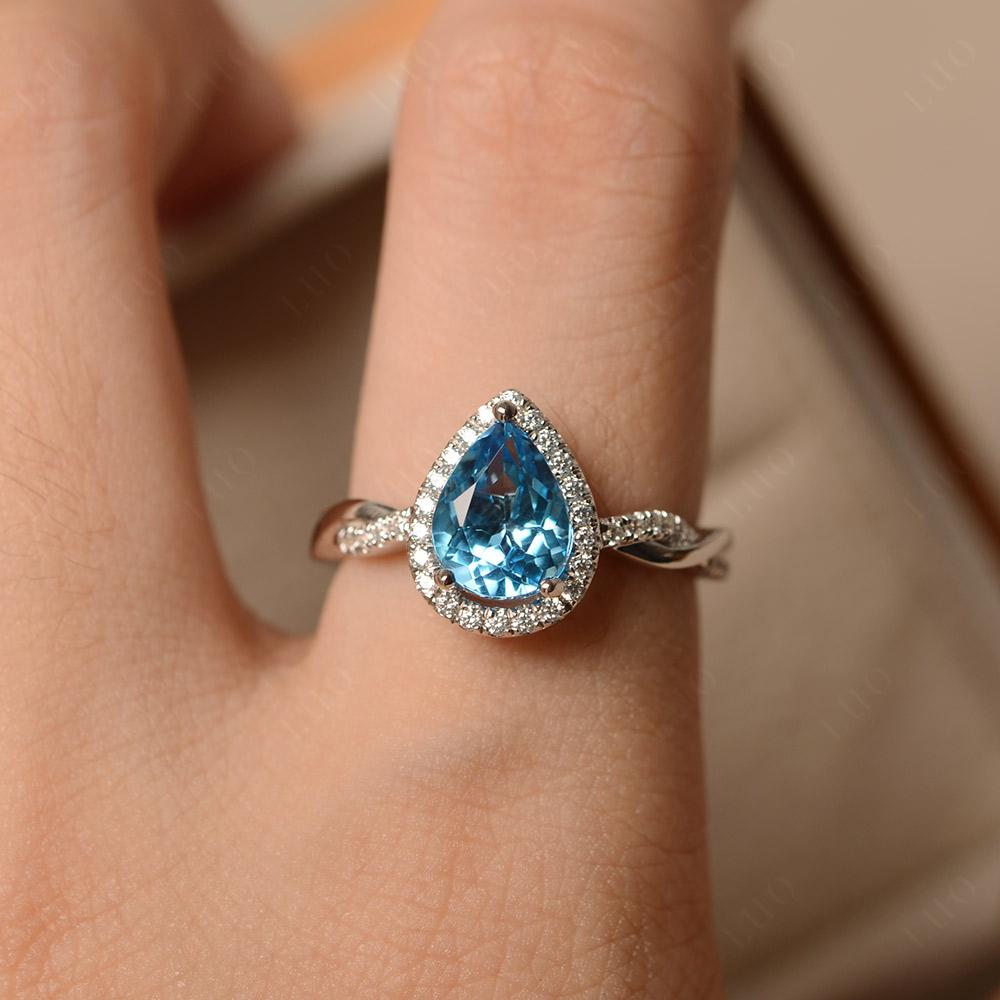 Swiss Blue Topaz Twisted Halo Engagement Ring - LUO Jewelry 