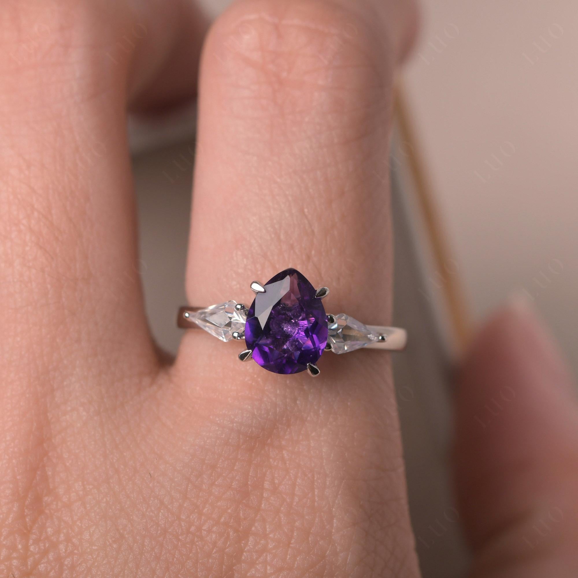 Amethyst Pear Three Stone Ring - LUO Jewelry 