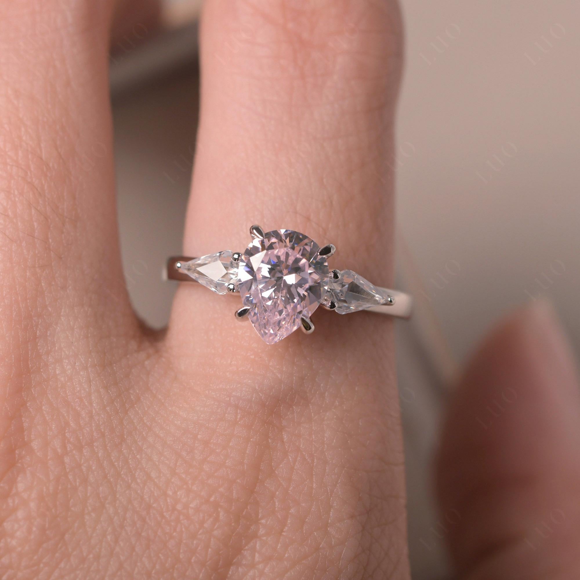 Pear Pink Cubic Zirconia Trilogy Engagement Ring - LUO Jewelry 