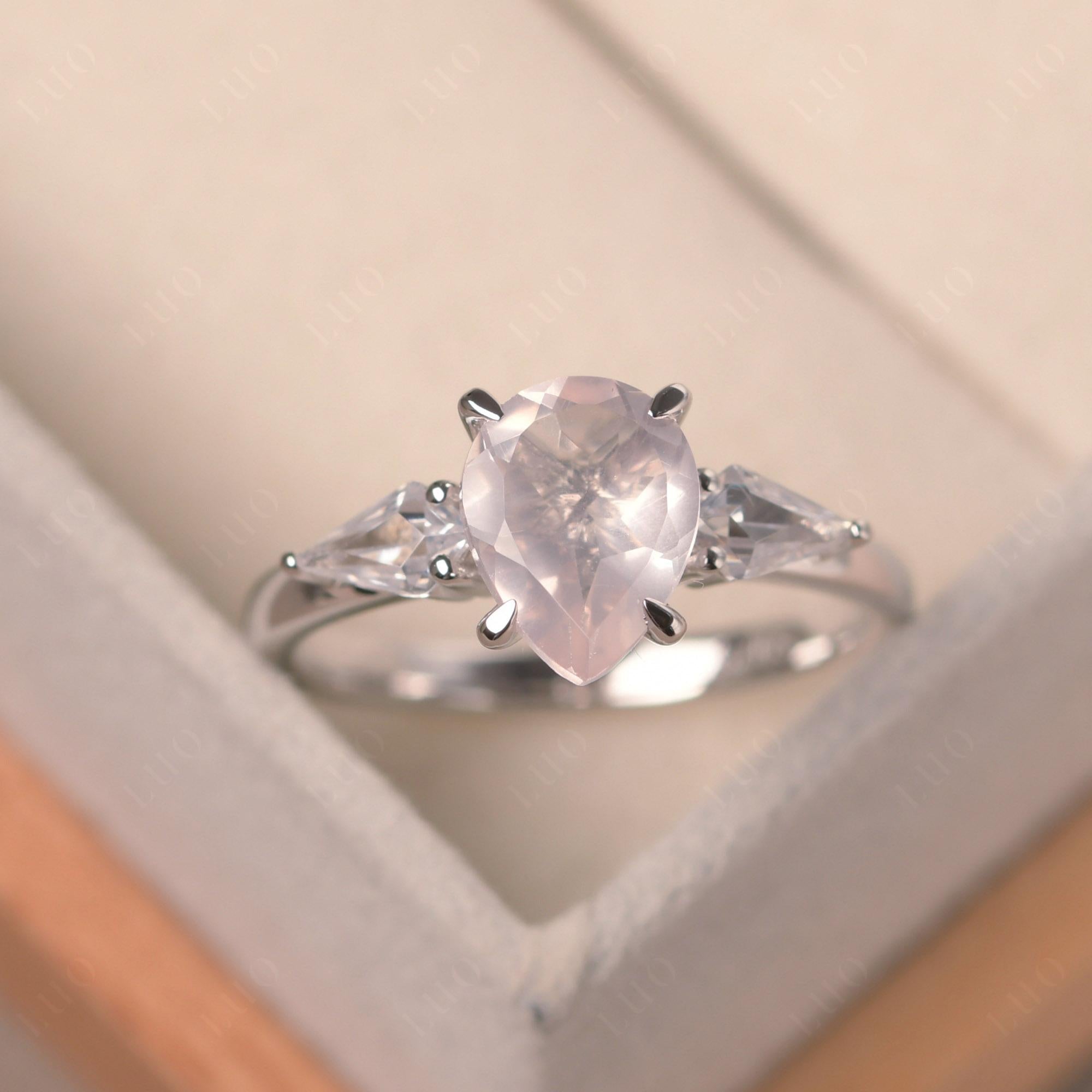 Pear Rose Quartz Trilogy Engagement Ring - LUO Jewelry 