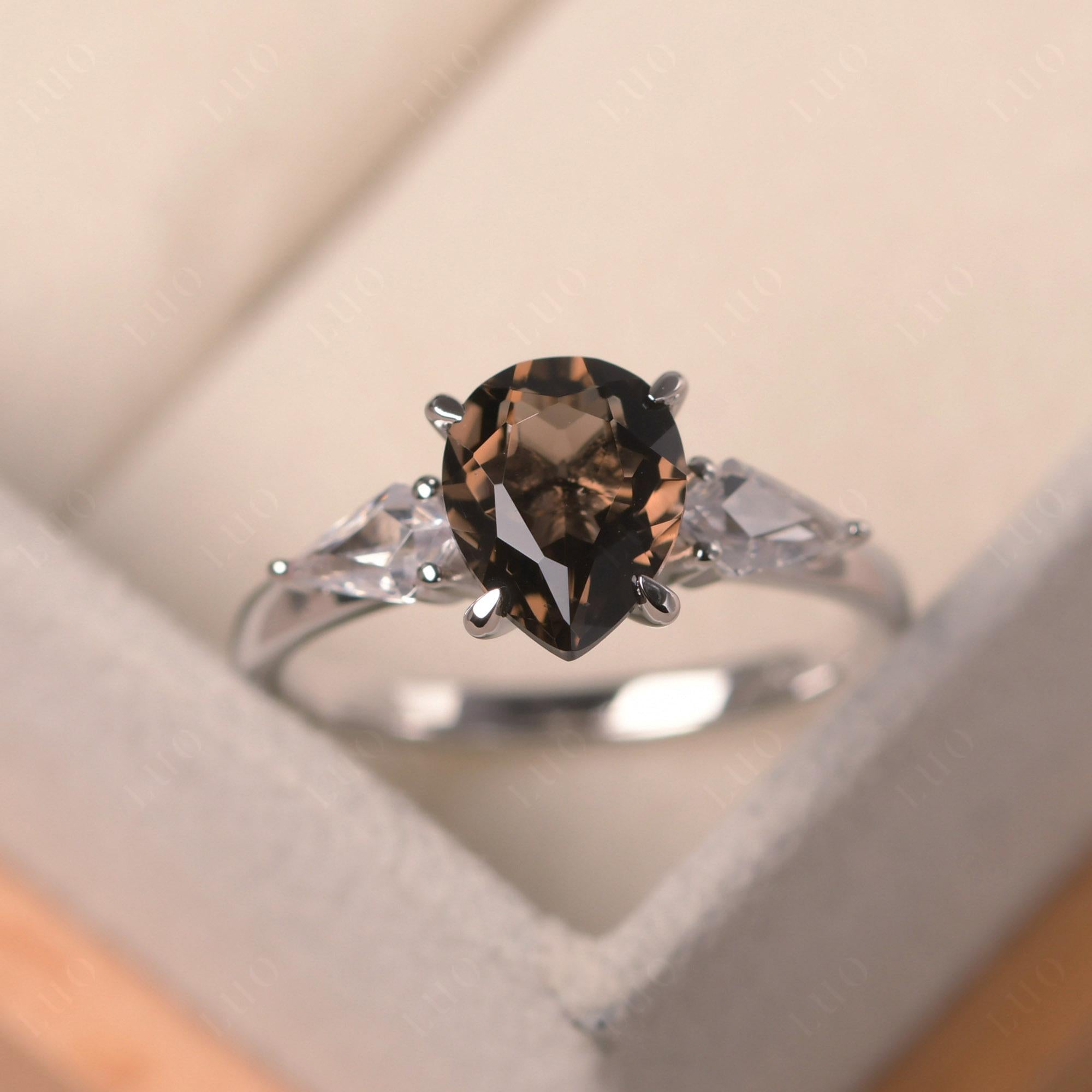 Pear Smoky Quartz Trilogy Engagement Ring - LUO Jewelry 