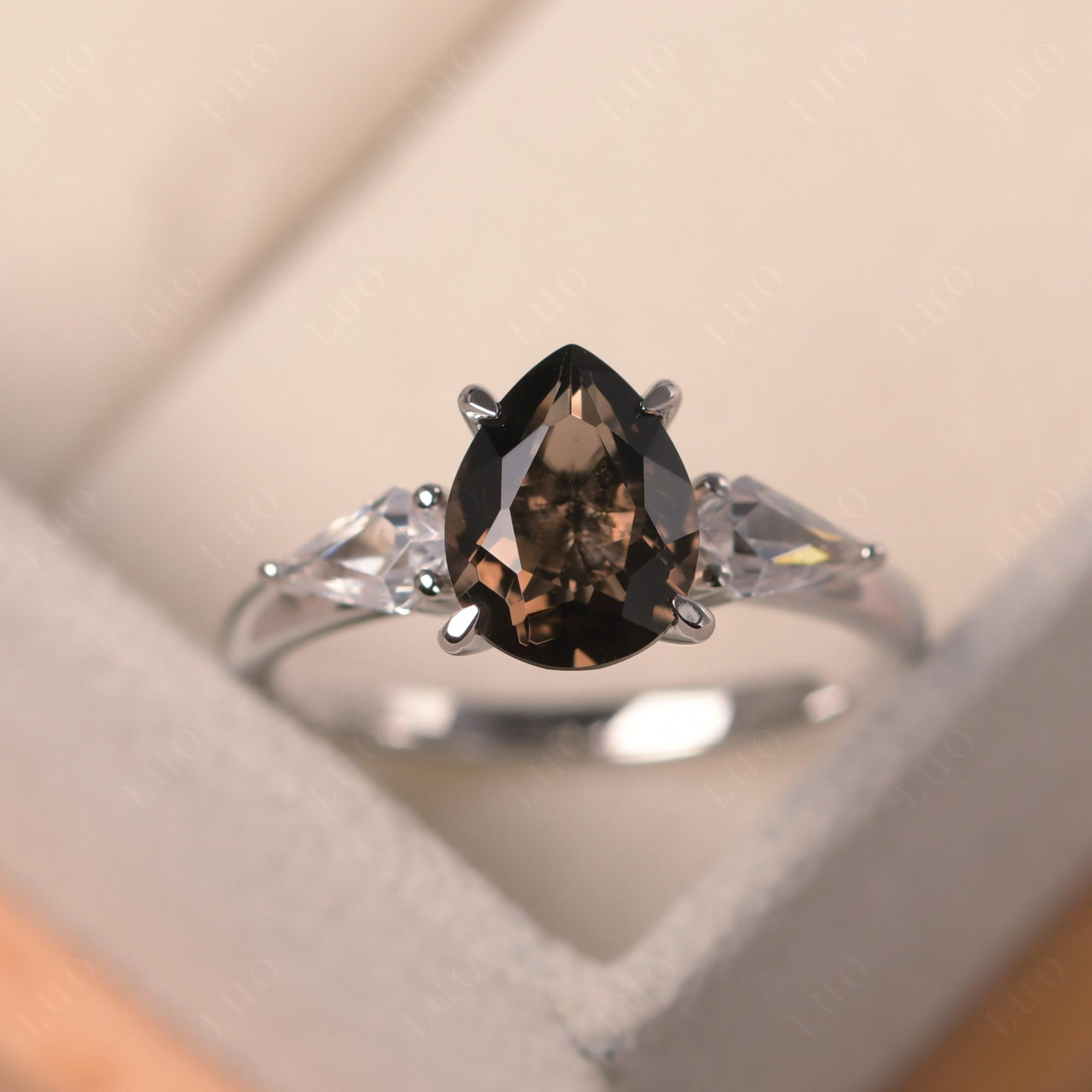 Pear Smoky Quartz Trilogy Engagement Ring - LUO Jewelry 