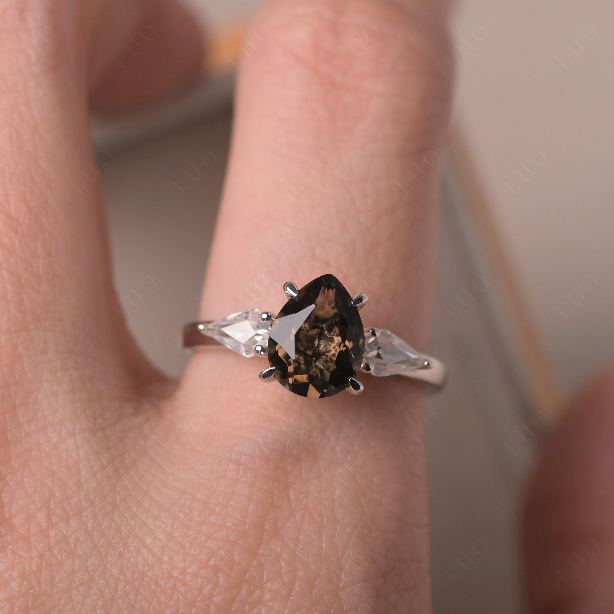 Pear Smoky Quartz Trilogy Engagement Ring - LUO Jewelry 