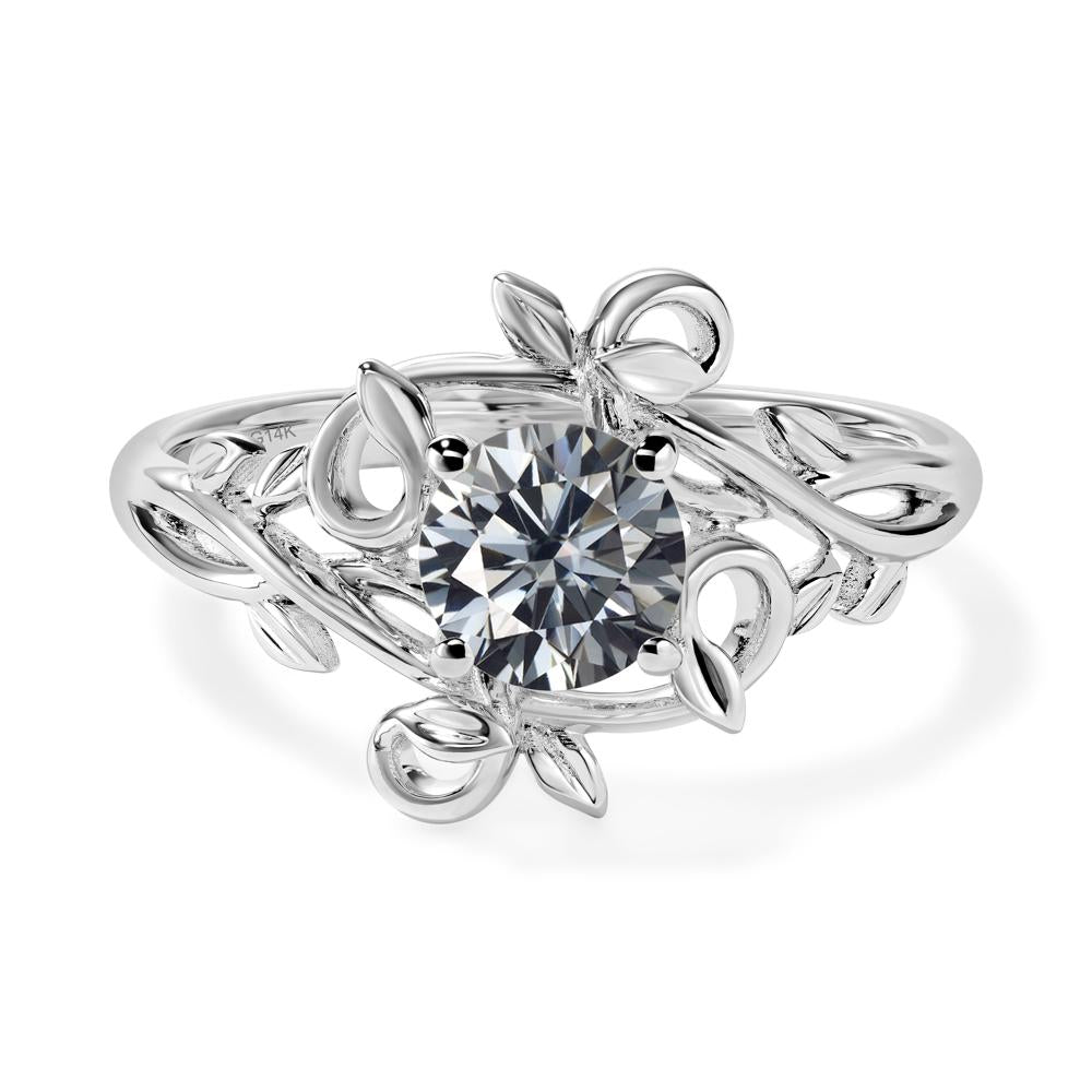 Round Cut Grey Moissanite Leaf Ring | LUO Jewelry #metal_14k white gold