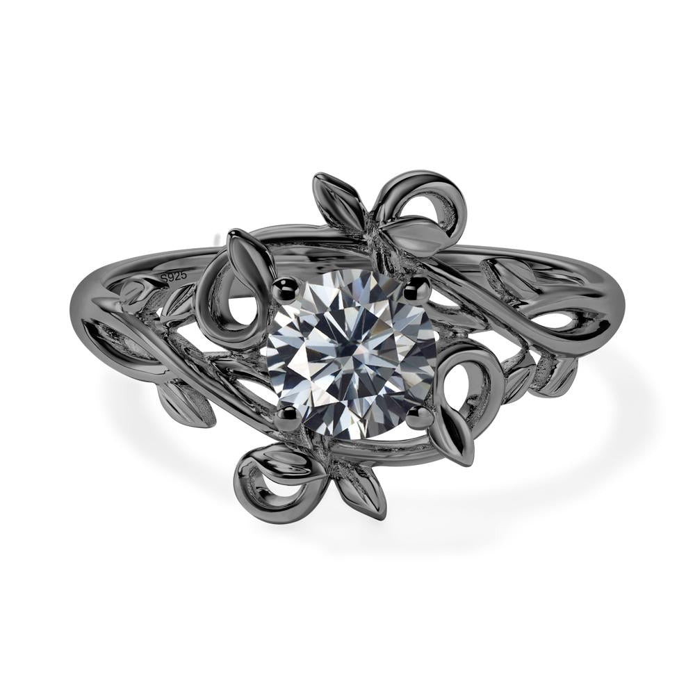 Round Cut Grey Moissanite Leaf Ring | LUO Jewelry #metal_black finish sterling silver