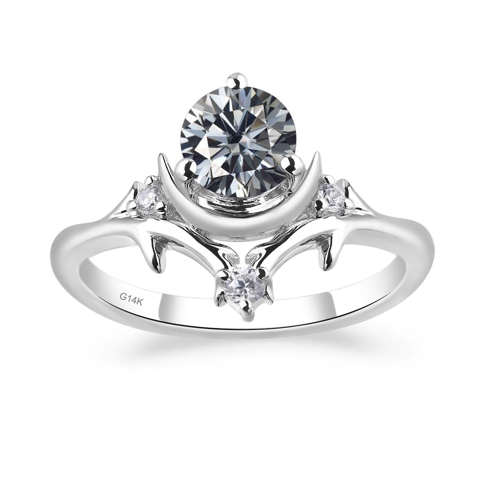 Grey Moissanite Crescent Moon and Star Ring | LUO Jewelry #metal_14k white gold