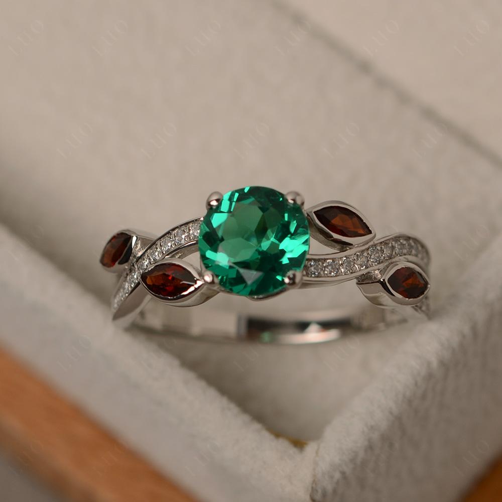 Emerald and Garnet Engagement Ring with Leaf - LUO Jewelry 