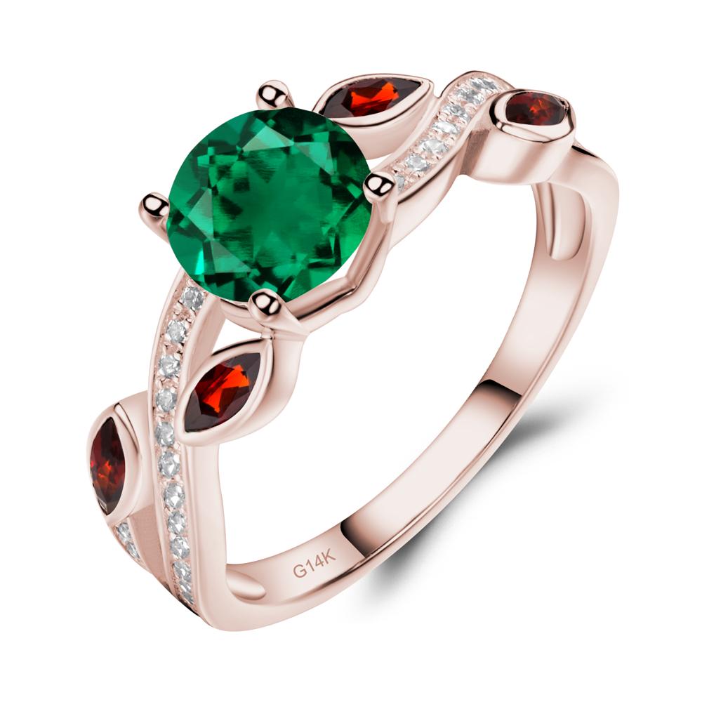 Emerald and Garnet Engagement Ring with Leaf - LUO Jewelry #metal_14k rose gold