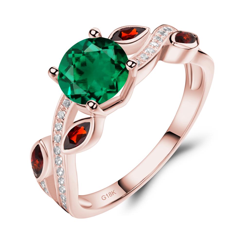 Emerald and Garnet Engagement Ring with Leaf - LUO Jewelry #metal_18k rose gold