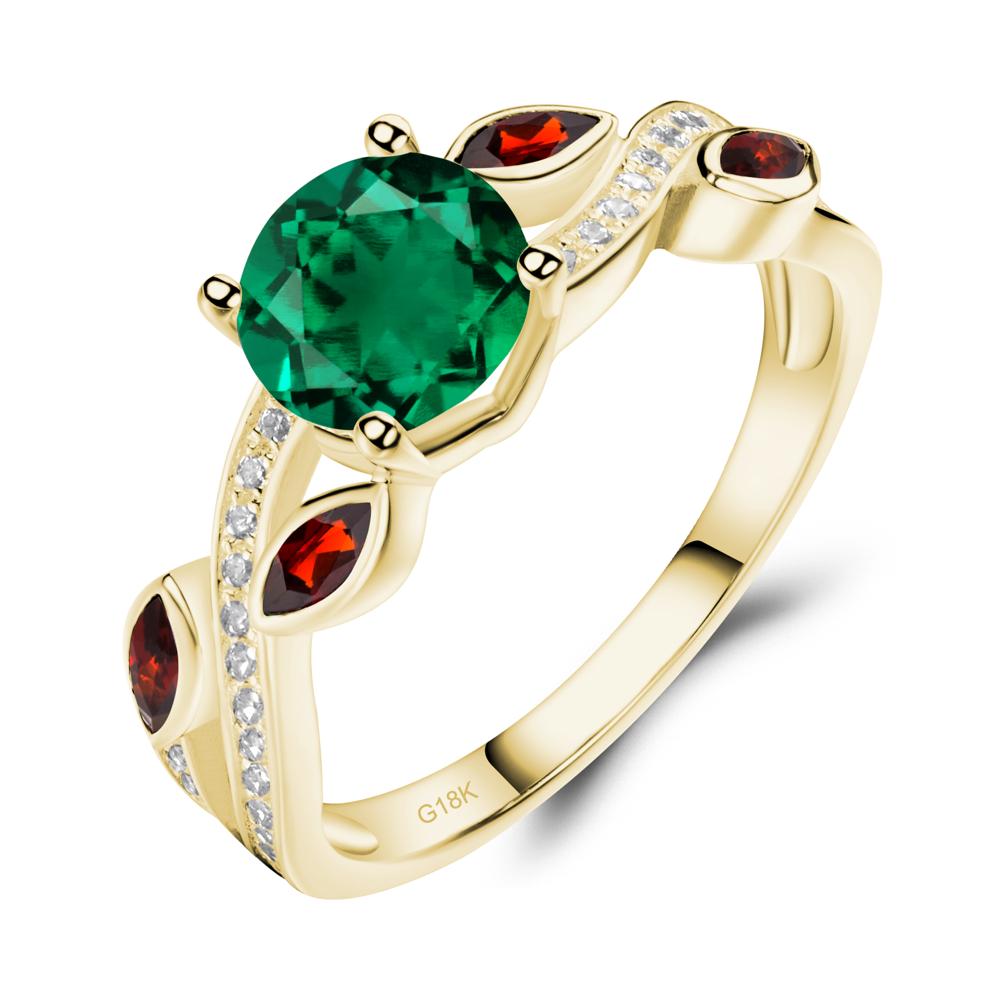 Emerald and Garnet Engagement Ring with Leaf - LUO Jewelry #metal_18k yellow gold