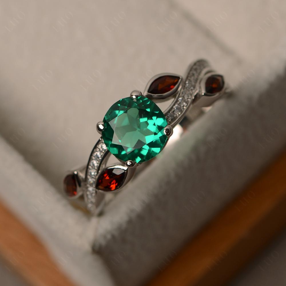 Emerald and Garnet Engagement Ring with Leaf - LUO Jewelry 