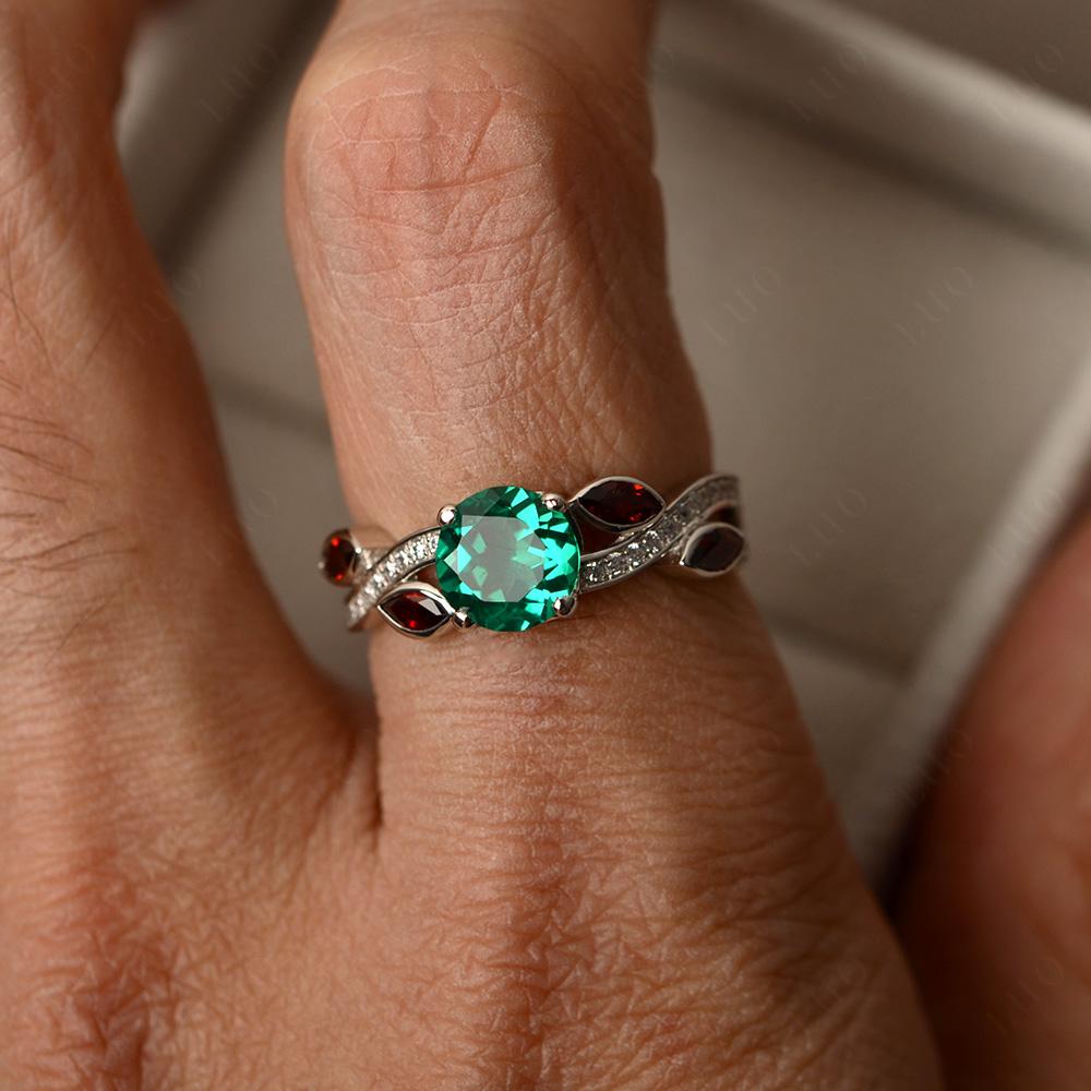 Emerald and Garnet Engagement Ring with Leaf - LUO Jewelry 