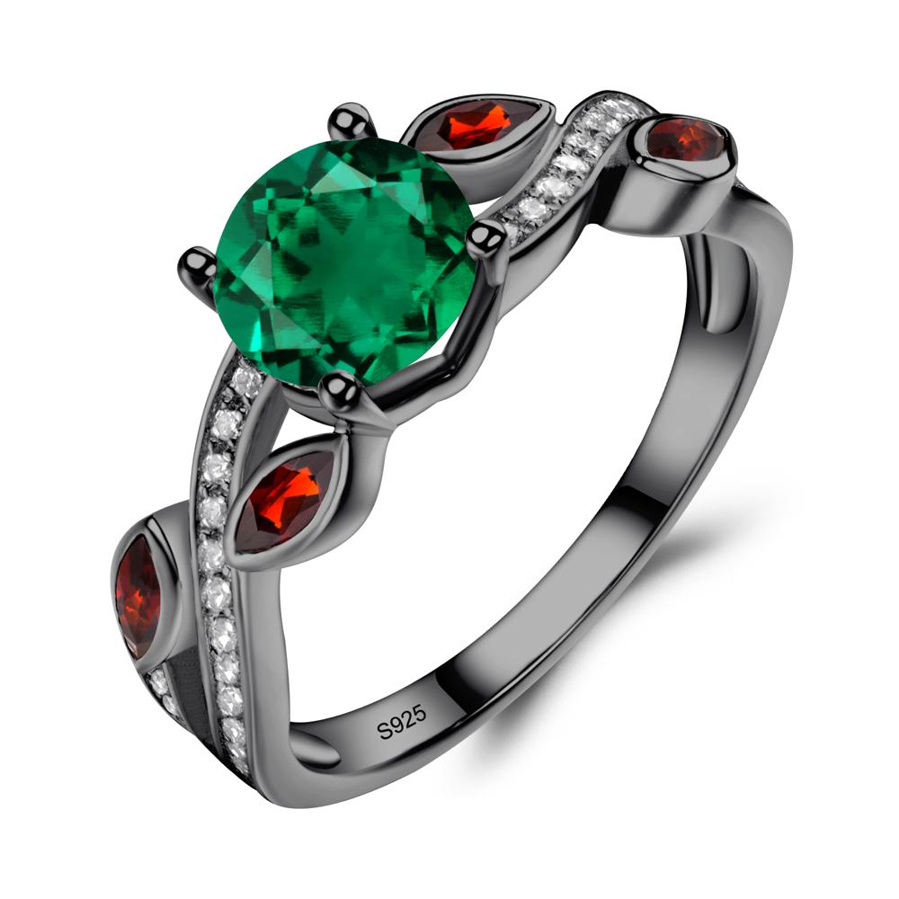 Emerald and Garnet Engagement Ring with Leaf - LUO Jewelry #metal_black finish sterling silver