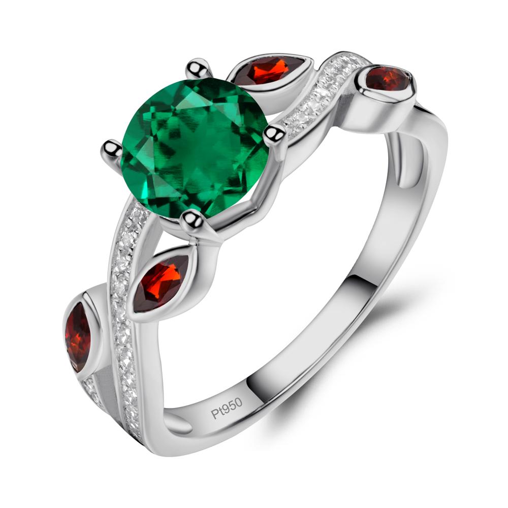 Emerald and Garnet Engagement Ring with Leaf - LUO Jewelry #metal_platinum