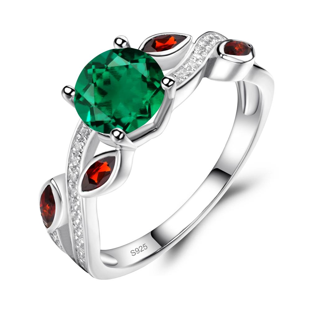 Emerald and Garnet Engagement Ring with Leaf - LUO Jewelry #metal_sterling silver