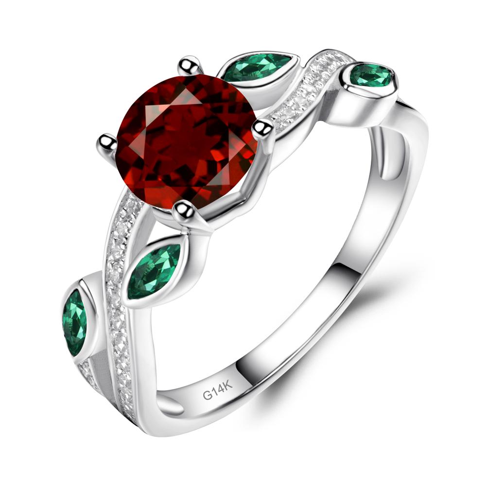 Garnet and Emerald Twisted Leaf Engagement Ring - LUO Jewelry #metal_14k white gold